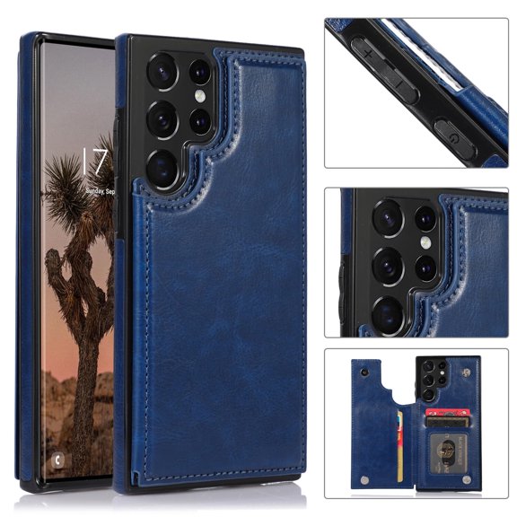 for Galaxy S23 Ultra PU Leather Case, Multi-Functional Flip Wallet Cover Built-in Card Slot & Multiple Viewing Kickstand Slim Full Body Protective Shell for S23 Ultra, Blue