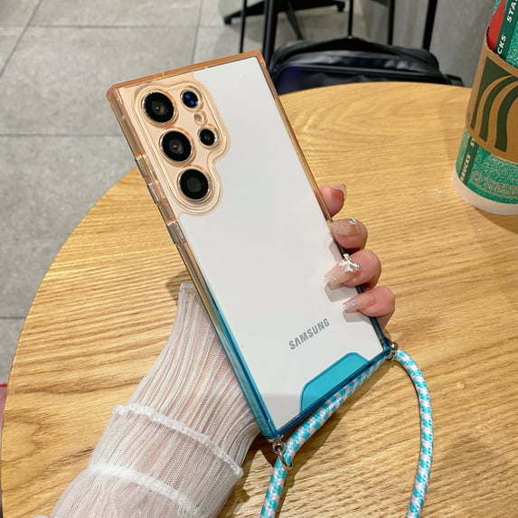 for Galaxy S23 Ultra, Shockproof Slim Gradient Bumper Color Space Shell Soft TPU Crossbody Strap with Camera Lens Protection Clear Back Cover For Samsung Galaxy S23 Ultra, Orange