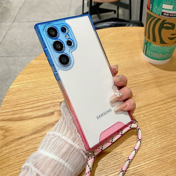 for Galaxy S23 Ultra, Shockproof Slim Gradient Bumper Color Space Shell Soft TPU Crossbody Strap with Camera Lens Protection Clear Back Cover For Samsung Galaxy S23 Ultra, Rose