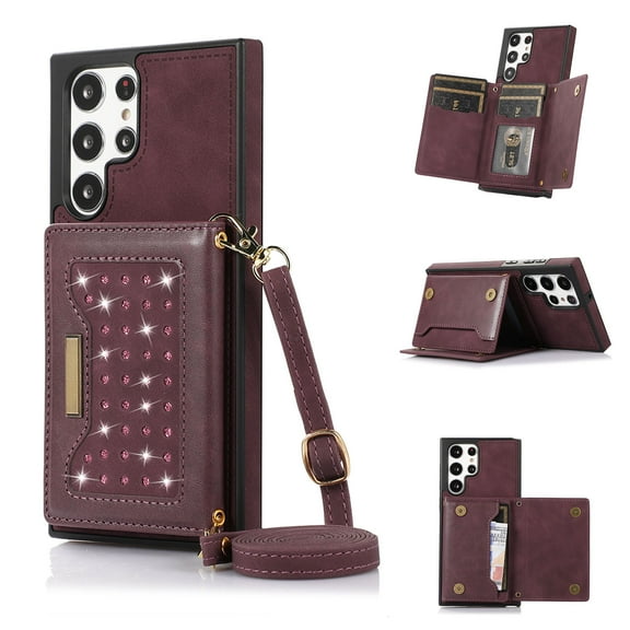 Galaxy S23 Ultra Wallet Case with Detachable Shoulder Strap, Luxury PU Leather Folio Flip Stand Protective RFID Blocking Credit Card Holder Cover for Samsung Galaxy S23 Ultra 5G, Winered