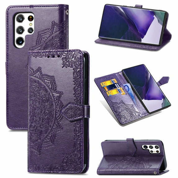 Galaxy S23 Ultra Wallet Case, Dteck Embossed Flower PU Leather Magneitc Flip Case With Hand Strap/Credit Card Holder for Samsung Galaxy S23 Ultra,Purple