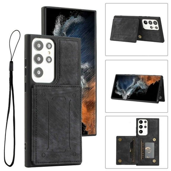 for Galaxy S23 Ultra Wallet Case with RFID Blocking Card Holder,Premium PU Leather Double Magnetic Buttons Stand Flip Wrist Lanyard Strap Back Cover Case for Samsung Galaxy S23 Ultra,Black