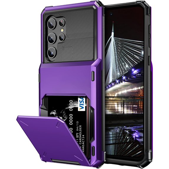 for Galaxy S23 Ultra Wallet Cover 4-Card Credit Card Holder ID Slot Scratch Resistant Dual Layer Hybrid Protective Hard Shell Rugged TPU Bumper Armor Case for Galaxy S23 Ultra 6.8" Purple