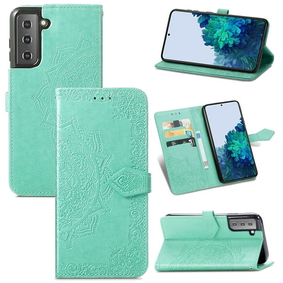 Galaxy S23 Wallet Case, Dteck Embossed Flower PU Leather Magneitc Flip Case With Hand Strap/Credit Card Holder for Samsung Galaxy S23, Green