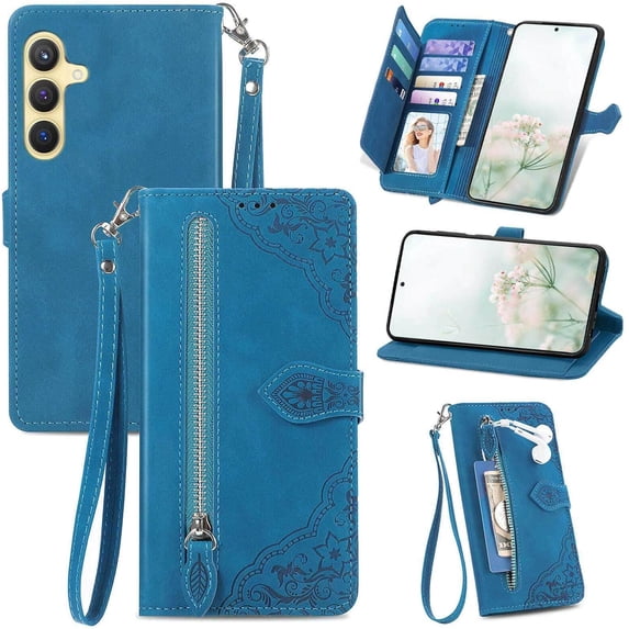 for Galaxy S24 5G Phone Case Wallet,S24 5G Wallet Case for Women,Emboss PU Leather Protective Cover Zipper Card Holder Flip Phone Case for Samsung Galaxy S24 5G (Blue)
