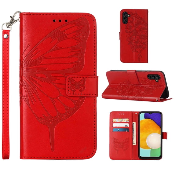 Galaxy S24 Case, Magnetic Folio Butterfly Patterned Wallet Case, Premium PU Leather with Wrist Strap Credit Card Holder Slots Kickstand Protective Cover For Samsung Galaxy S24, Red