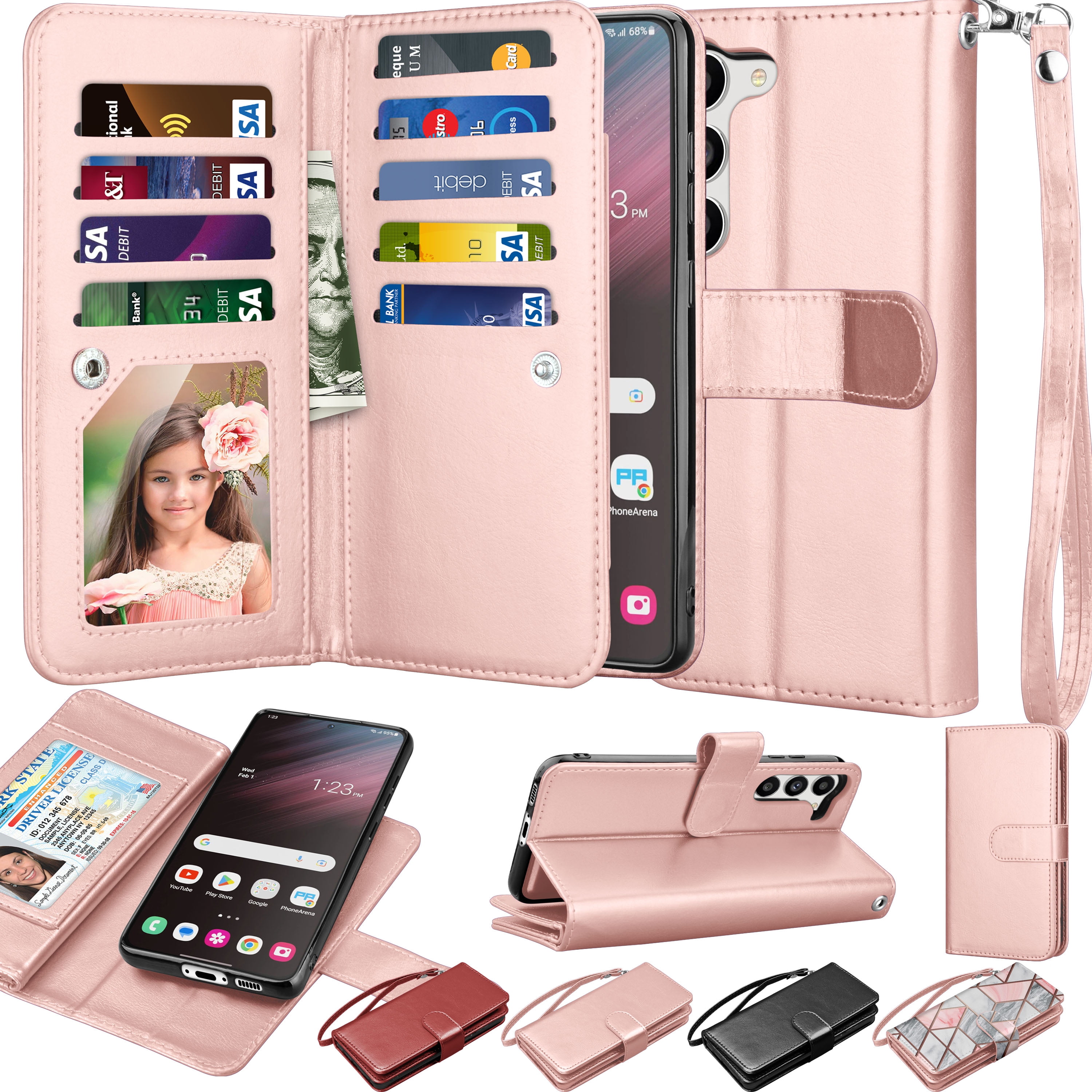Galaxy S24 Ultra 5G Case, Samsung S24 Ultra 5G Wallet Magnetic Detachable  with 9 Card Holder for Women Men, Luxury Leather Wristlet Strap Carrying