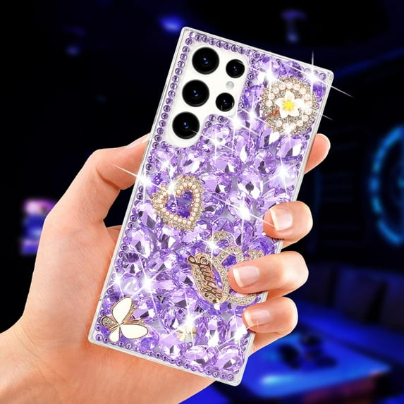 for Galaxy S24 Ultra Bling Case Women Girls Luxury 3D Glitter Diamond Sparkle Crystal Rhinestone Phone Case Cute 3D Heart Crown Flower and Butterfly Gemstone Case for Galaxy S24 Ultra, Purple