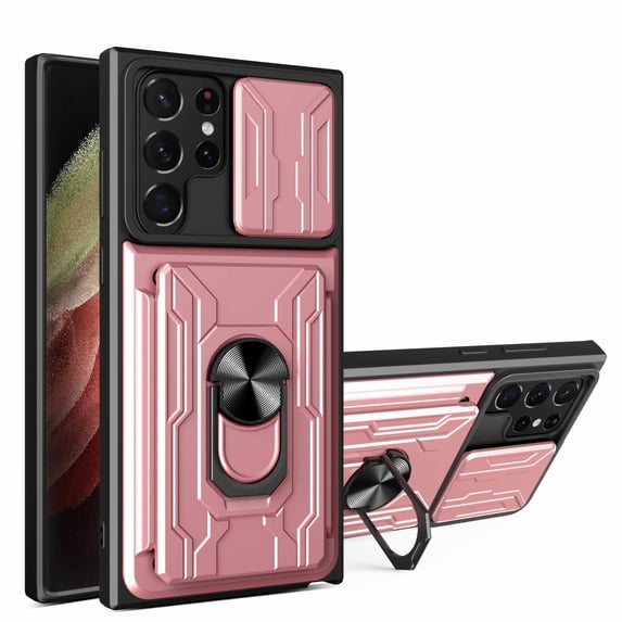 for Galaxy S24 Ultra Case with Camera Lens Slide Cover, Detachable Card Slot Holder Ring Kickstand, Support Magnet Car Mount, Heavy Duty Military Grade Protection for Samsung Galaxy S24 Ultra,Rosegold