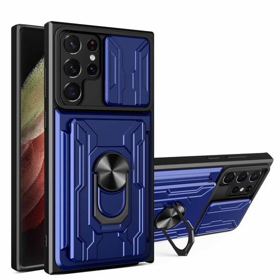 for Galaxy S24 Ultra Case with Camera Lens Slide Cover, Detachable Card Slot Holder Ring Kickstand, Support Magnet Car Mount, Heavy Duty Military Grade Protection for Samsung Galaxy S24 Ultra, Blue