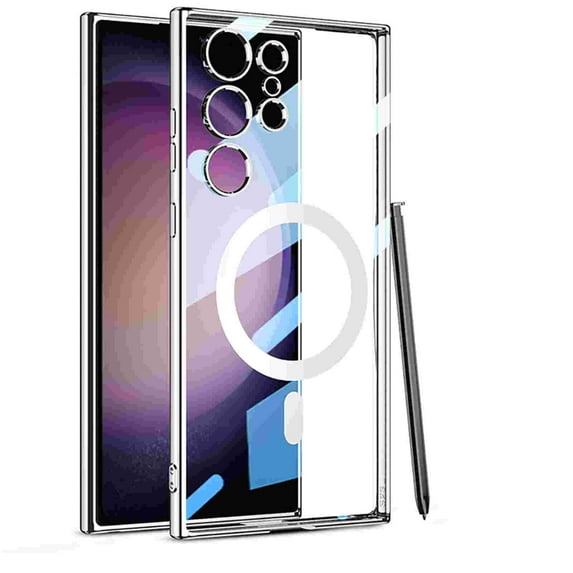 Galaxy S24 Ultra Case, Clear Case for Samsung Galaxy S24 Ultra Built-in Camera Lens Protector Magnetic Case Compatible with MagSafe Wireless Charging Elegant Shockproof Case Cover, Silver
