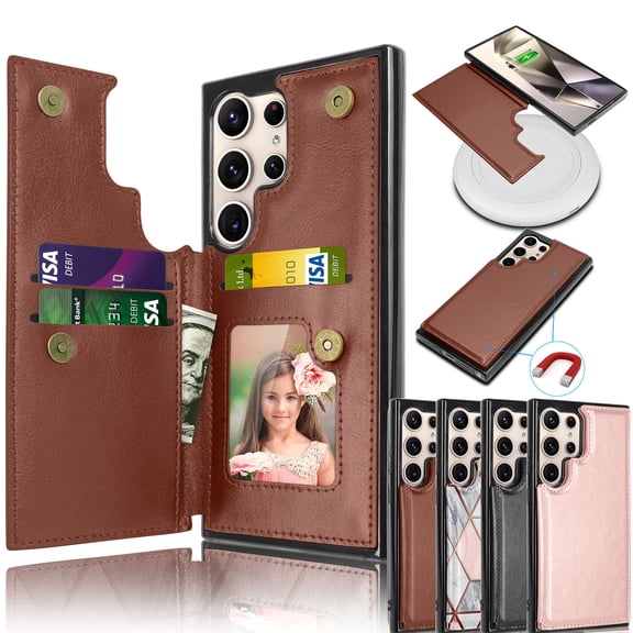 Galaxy S24 Ultra Plus Case, Tekcoo Galaxy S24 Ultra Wallet Case, PU Leather ID Cash Credit Card Holder Slots Magnetic Closure Kickstand Flip Slim Cover for Samsung S23 Ultra 5G [Brown]
