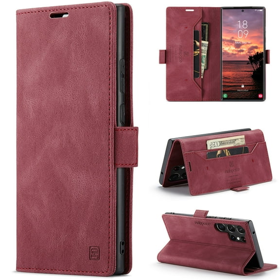 for Galaxy S24 Ultra Wallet Case PU Leather Flip Book Style Folio Strong Magnetic Closure RFID Blocking Protective Cover Credit Card Holder Kickstand Function Men for Samsung Galaxy S24 Ultra,Red