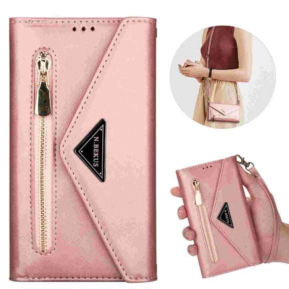 Galaxy S24 Ultra Wallet Phone Case,Dteck Crossbody Wallet Lager Capacity Purse With Zipper Pocket Flip Folio Stand Cover with Wrist Strap / Shoulder Strap for Samsung Galaxy S24 Ultra,Rosegold