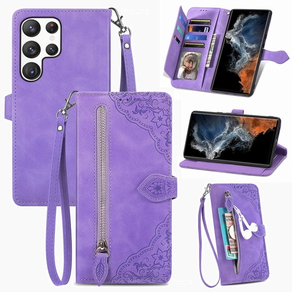 For Galaxy S25 (6.2", 2025 release) Flip Wallet Case with Wrist Strap, Multiple Card Slots, Zippered Pocket, Stand, Cute Embossed Flower Protective Lightweight PU Leather Shell Cover, Purple