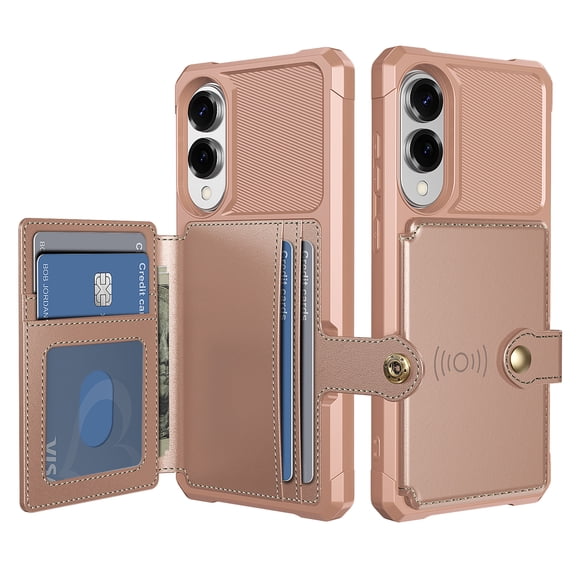 for Galaxy S25 Edge Wallet Case, RFID Blocking Card Holder Slot Kickstand Magnetic Button Closure Women Men Heavy Duty Shockproof Rugged Back Case Cover for Samsung Galaxy S25 Edge, Rosegold
