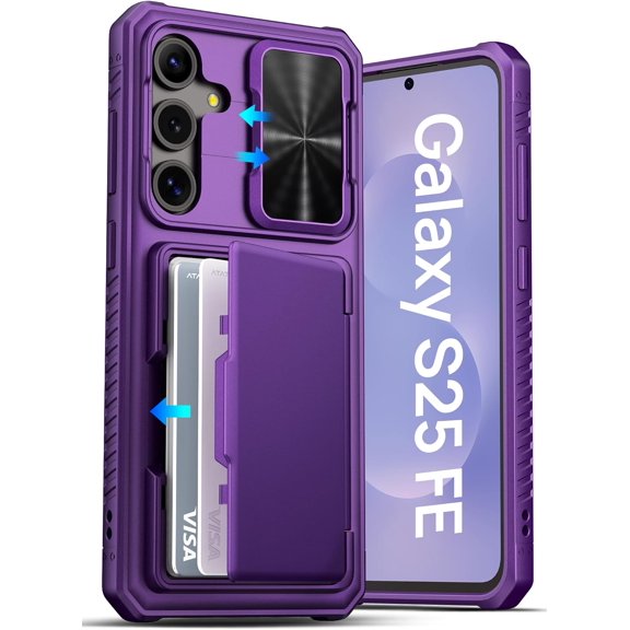 for Galaxy S25 FE Case, Built-in Card Holder (3-5 Cards) & Slide Camera Cover RFID Blocking, Military Grade Protection, Wallet Phone Case 6.7", Dark Purple
