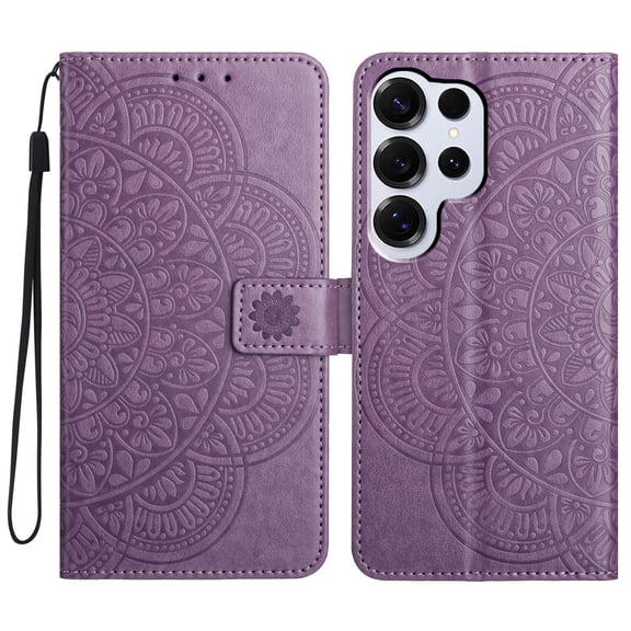 For Galaxy S25 Folio Wallet Case with Wrist Strap, Embossed Sunflower Pattern, Lightweight Protective PU Leather Phone Case with Credit Card/Cash Slots, Magnetic Closure, Purple