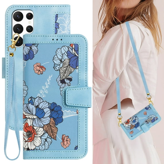 for Galaxy S25 Ultra Case, Magnetic Closure RFID Blocking Card Slots Kickstand Shockproof Flip Wallet Handbag Flowers Case Cover with Wrist Strap Shoulder Strap for Women & Girls, Blue