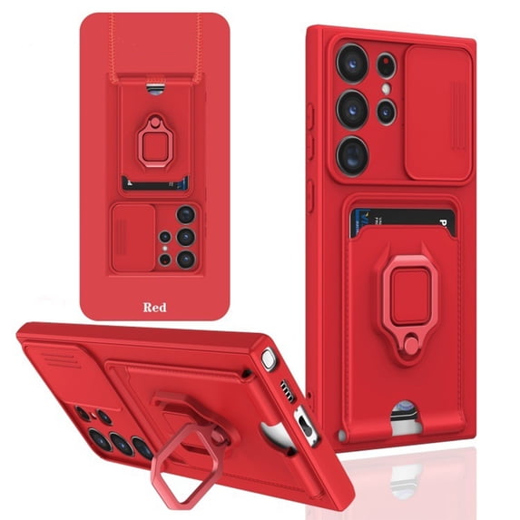 Galaxy S25 Ultra Case, Sliding Camera Lens Cover with Kickstand Card Holder Military Grade Shockproof Phone Case for S25 Ultra 5G, Red