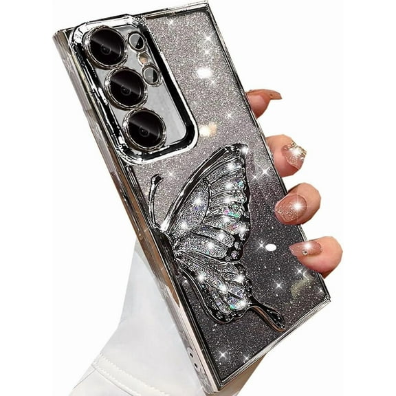 Galaxy S25 Ultra Glitter 3D Butterfly Case, Cute Luxury Bling Sparkle Liquid Flowing Case with Camera Lens Protector, Shockproof Bumper, Silver