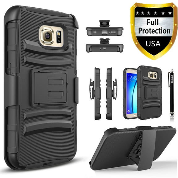 Galaxy S6 Edge Case, Dual Layers [Combo Holster] Case And Built-In Kickstand Bundled with Circlemalls Stylus Pen (Black)