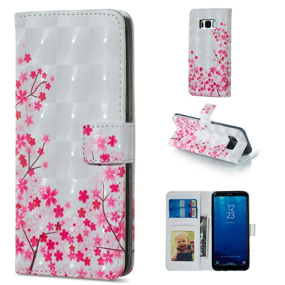 Galaxy S8 Case, Galaxy S8 2017 Case, Allytech 3D Emboss PU Leather Flip Protective Wallet Stand Cover & Credit Card Slots Pocket for Samsung Galaxy S8 (5.8") (Pink Flower)