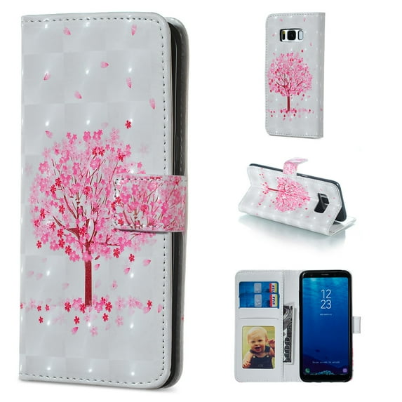 Galaxy S8 Case, Galaxy S8 2017 Case, Allytech 3D Emboss PU Leather Flip Protective Wallet Stand Cover & Credit Card Slots Pocket for Samsung Galaxy S8 (5.8") (Pink Tree)