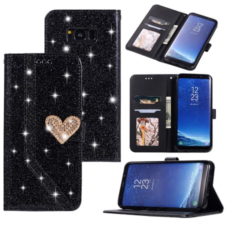 Galaxy S8+ Plus Wallet Case, Allytech Glitter PU Leather Folio Stand Drop Protective Shock-Absorbing Bumper Soft TPU Back Cover Cards Holder Wallet Case for Samsung Galaxy S8 Plus, Black