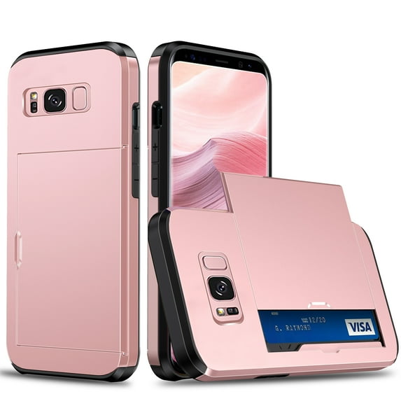 for Galaxy S8 Wallet Case with Sliding Door Hidden Pocket Credit Card Holder Dual Layer Heavy Duty Shockproof Hard PC Hybrid TPU Flip Protective Cover for Samsung Galaxy S8, Rosegold