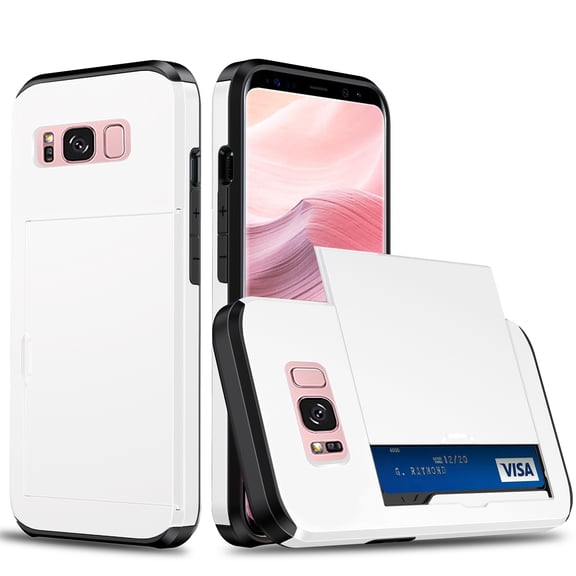 for Galaxy S8 Wallet Case with Sliding Door Hidden Pocket Credit Card Holder Dual Layer Heavy Duty Shockproof Hard PC Hybrid TPU Flip Protective Cover for Samsung Galaxy S8, White
