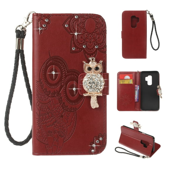 Galaxy S9 Case, Allytech Premium Leather Glitter Owl Kickstand Folio Hand Strap Women Girls Magnetic Closure Shockproof Cards Holder Wallet Case Cover for Samsung Galaxy S9, Winered