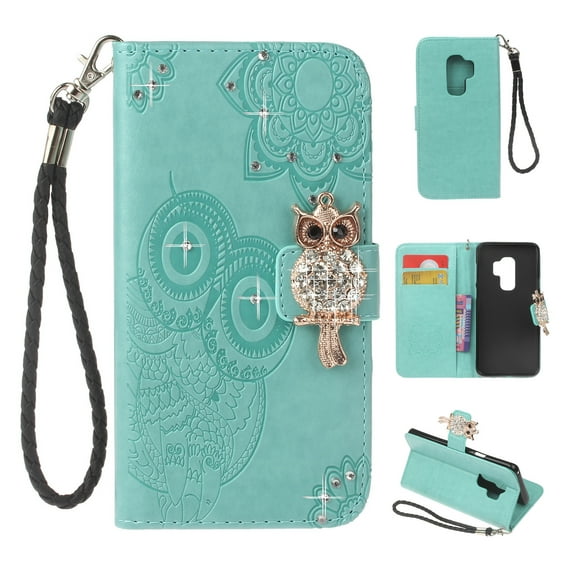 Galaxy S9 Case, Allytech Premium Leather Glitter Owl Kickstand Folio Hand Strap Women Girls Magnetic Closure Shockproof Cards Holder Wallet Case Cover for Samsung Galaxy S9, Green