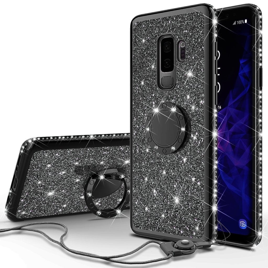 Galaxy S9 Case, Cute Glitter Ring Stand Phone Case with Kickstand, Bling Diamond Rhinestone Bumper Ring Stand Sparkly Luxury Clear Thin Soft Protective Samsung Galaxy S9 Case for Girls Women - Black