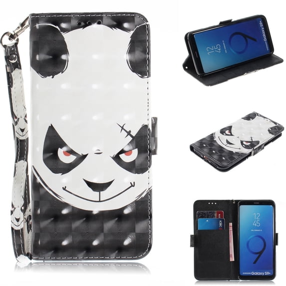 Galaxy S9 Case, S9 Case, Allytech 3D PU Leather Protective Cover & Pocket Lanyard Wallet with Cards Holder, Support Kickstand Slim Case for Samsung Galaxy S9, Angry Panda
