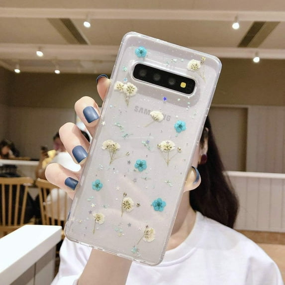 Galaxy S9 Flower Case, Soft Clear Flexible Rubber Pressed Dry Real Flowers Case Girls Glitter Floral Cover for Samsung Galaxy S9 -Blue