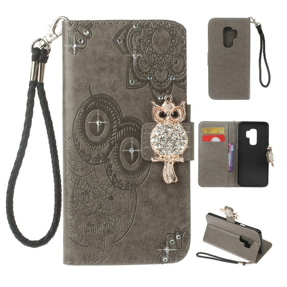 Galaxy S9 Plus Case, Galaxy S9+ Case, Allytech PU Leather Cute Owl Embossed Glitter Hand Strap Folio Flip Kickstand Lightweight Cards & Money Holder Wallet Case for Samsung Galaxy S9 Plus, Gray
