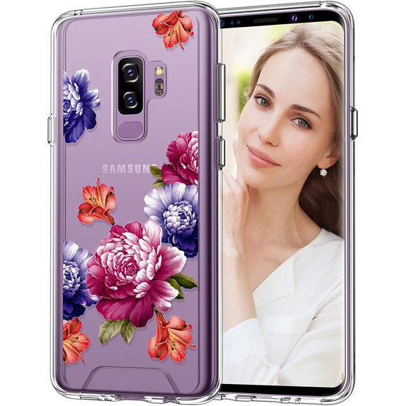Galaxy S9 Plus Case, Hybrid Clear Phone Cover Floral Designed Non-Slip Thin Protective S9+ Plus Case for Women Girls, Peony