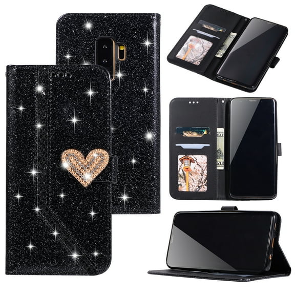 Galaxy S9+ Plus Case Wallet, Allytech Premium PU Leather Folio Flip Stand Magnetic Glitter Diamond Embossed Full Body Protective Cards Slots Wallet Case Cover for Samsung Galaxy S9 Plus, Black