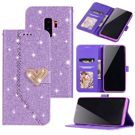 Galaxy S9+ Plus Case Wallet, Allytech Premium PU Leather Folio Flip Stand Magnetic Glitter Diamond Embossed Full Body Protective Cards Slots Wallet Case Cover for Samsung Galaxy S9 Plus, Purple
