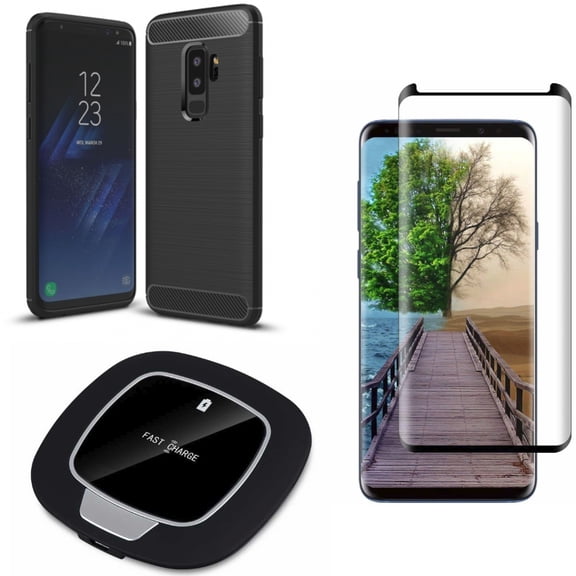 Galaxy S9 Plus Case w Screen Protector w Wireless Charger - Carbon Fiber Slim Fit Cover, Tempered Glass 5D Touch Curved Edge, Fast 7.5W and 10W Charging Pad for Samsung Galaxy S9 Plus (S9+)
