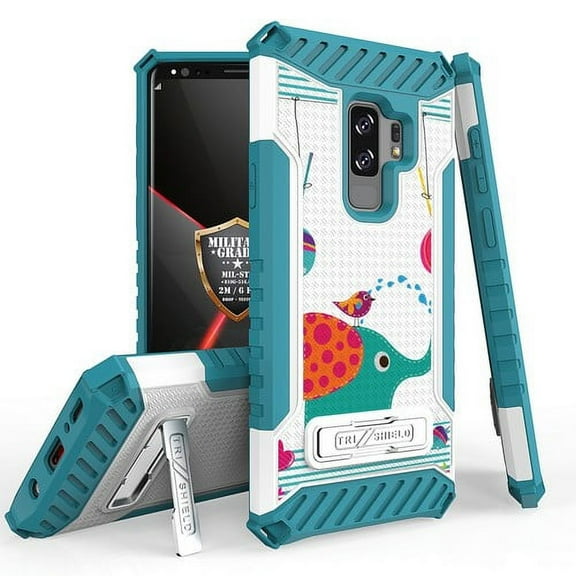 Galaxy S9 Plus / Galaxy S9+ Case, Trishield Durable Shockproof High Impact Rugged Armor Phone Cover with Kickstand for Samsung S9+ Only White/Printed Berryphant