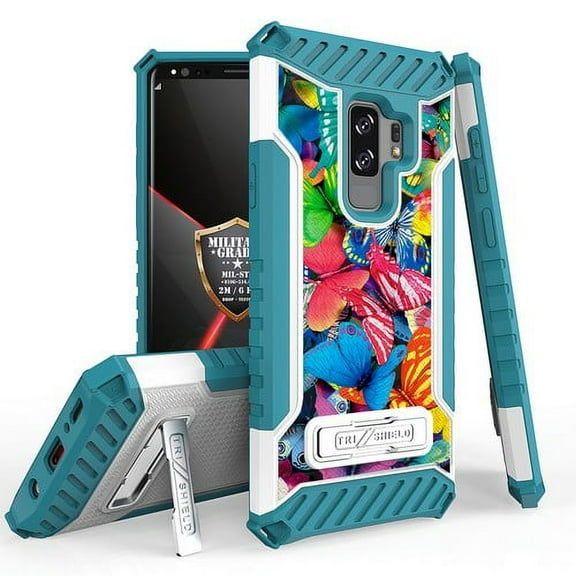 Galaxy S9 Plus / Galaxy S9+ Case, Trishield Durable Shockproof High Impact Rugged Armor Phone Cover with Kickstand for Samsung S9+ Only White/Printed Butterflymagic