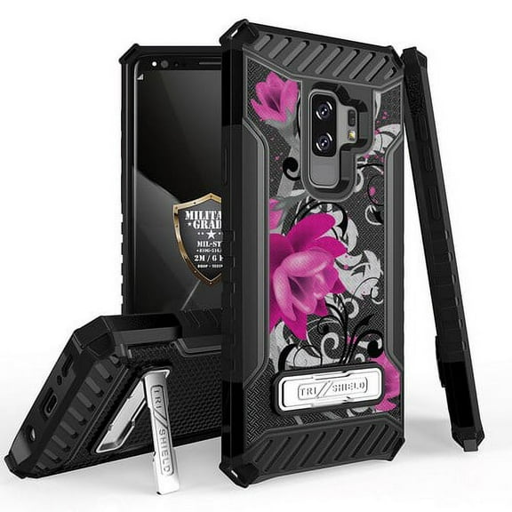 Galaxy S9 Plus / Galaxy S9+ Case, Trishield Durable Shockproof High Impact Rugged Armor Phone Cover with Kickstand for Samsung S9+ Only White/Printed Lotus