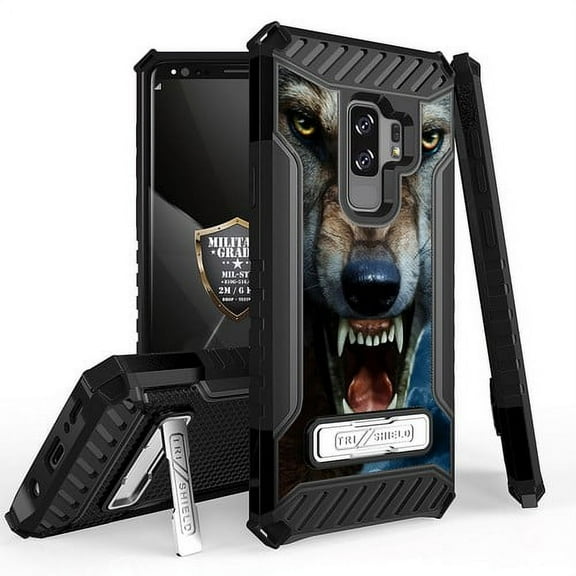 Galaxy S9 Plus / Galaxy S9+ Case, Trishield Durable Shockproof High Impact Rugged Armor Phone Cover with Kickstand for Samsung S9+ Only White/Printed Wild Night Wolf