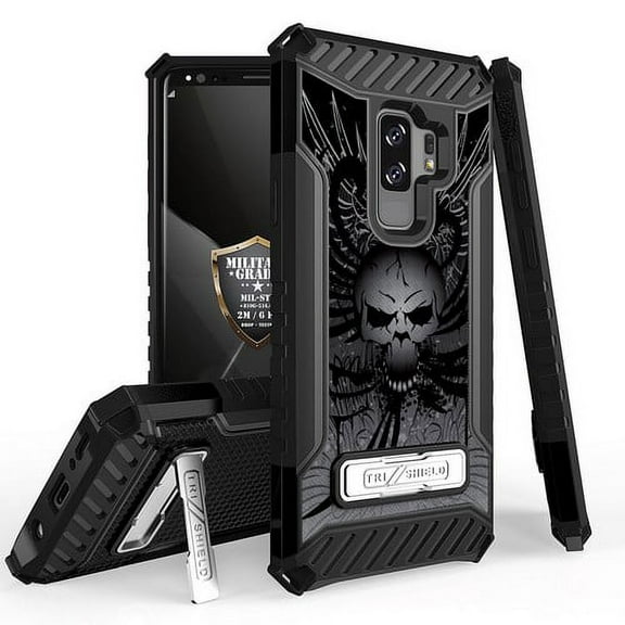 Galaxy S9 Plus / Galaxy S9+ Case, Trishield Durable Shockproof High Impact Rugged Armor Phone Cover with Kickstand for Samsung S9+ Only White/Printed Wing Skull