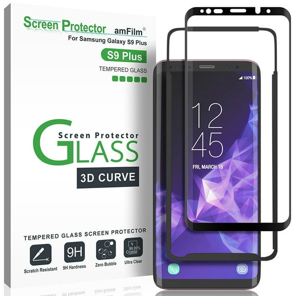 Galaxy S9 Plus Screen Protector Glass - amFilm Full Cover (3D Curved) Tempered Glass Screen Protector with Dot Matrix for Samsung Galaxy S9+ (Black)