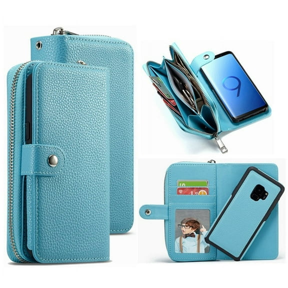 Galaxy S9 Plus Wallet Case, Mignova Lichee Pattern 2-in-1 Split Magnetic Suction Leather Sheath Zipper Wallet Hand Bag Protective Cover for Galaxy S9 Plus -Blue