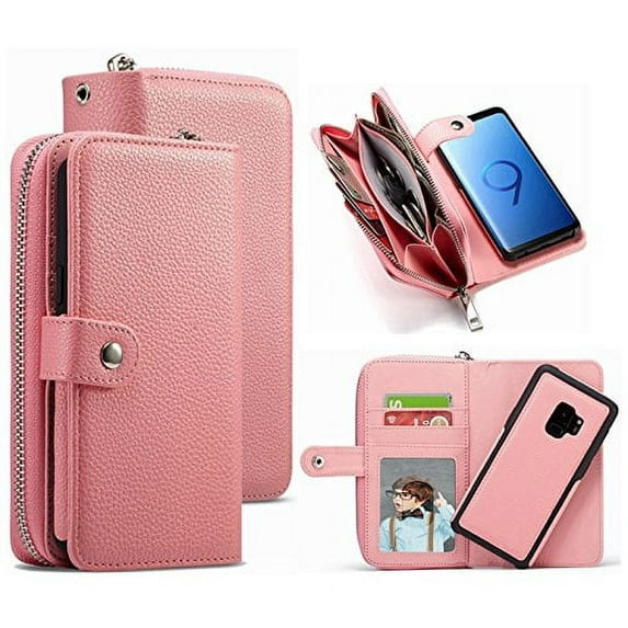Galaxy S9 Plus Wallet Case, Mignova Lichee Pattern 2-in-1 Split Magnetic Suction Leather Sheath Zipper Wallet Hand Bag Protective Cover for Galaxy S9 Plus -Light Pink