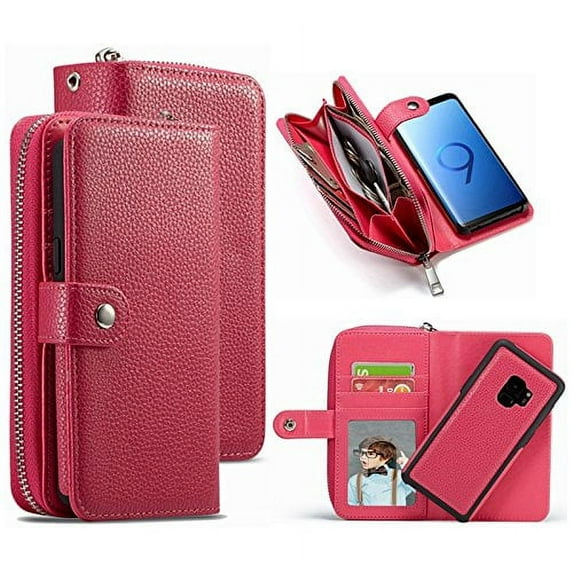 Galaxy S9 Plus Wallet Case, Mignova Lichee Pattern 2-in-1 Split Magnetic Suction Leather Sheath Zipper Wallet Hand Bag Protective Cover for Galaxy S9 Plus -Rose Pink